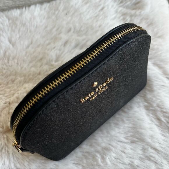 KATE SPADE Black Glitter Schuyler Small Dome Pouch Morgan Cosmetic Bag - Picture 5 of 8